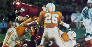 Steve Owens plows over the Volunteer defensive line in the January 1, 1968 Orange Bowl.