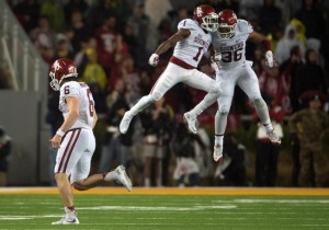 Nov 14, 2015; Waco, TX, USA; Oklahoma Sooners quarterback Baker Mayfield (6) runs off the field as Sooners wide receiver Jarvis Baxter (1) and fullback Dimitri Flowers (36) celebrate during the second half against the Baylor Bears at McLane Stadium. The Sooners defeat the Bears 44-34. Mandatory Credit: Jerome Miron-USA TODAY Sports